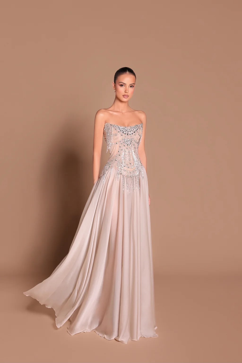 Crystal strapless flowing gown